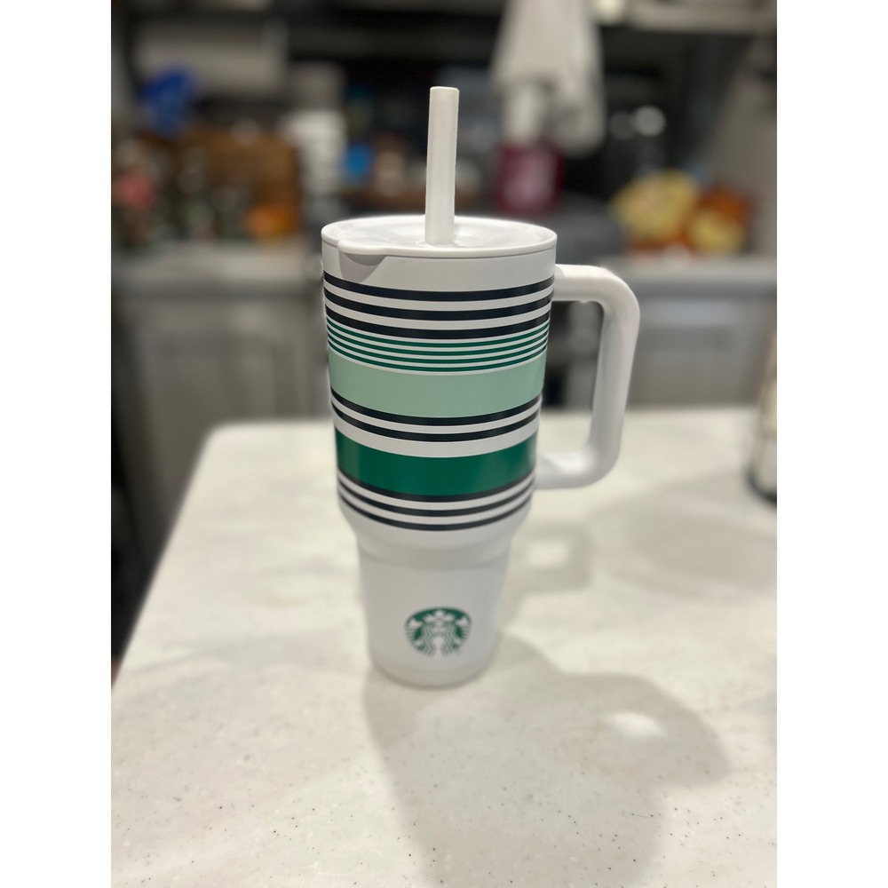 Starbucks 40 oz Stainless Steel Straw Tumbler Green White Striped Travel Mug